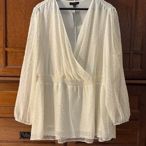 NWT Lane Bryant Elegant Cream Sheer Blouse with Gold Swiss Polka Dots 22/24